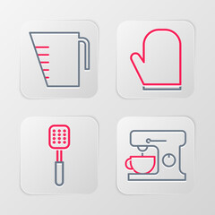 Set line Electric mixer, Spatula, Oven glove and Measuring cup icon. Vector