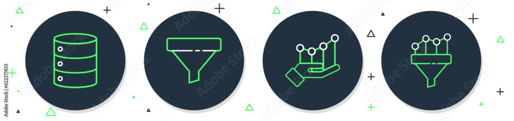 Poster set line sales funnel, pie chart infographic, server, data, web hosting and with icon. vector
