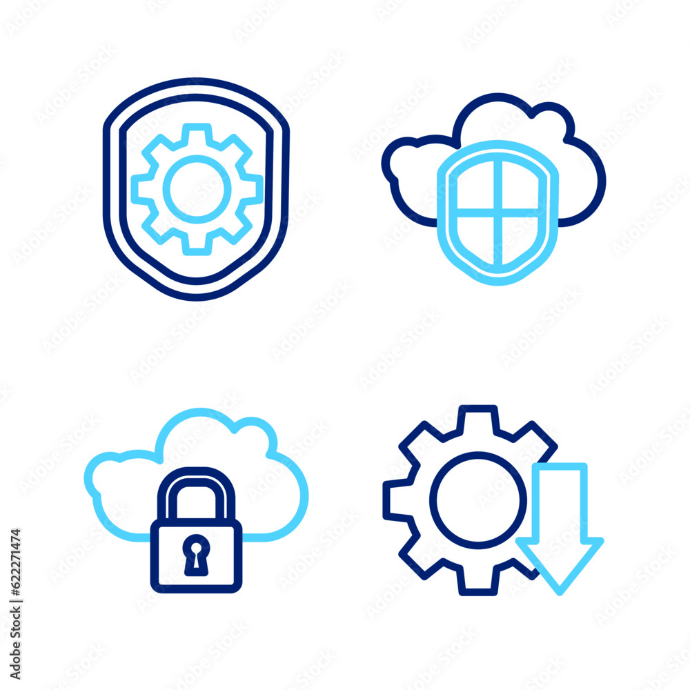 Poster set line cost reduction, cloud computing lock, and shield and shield with settings gear icon. vector