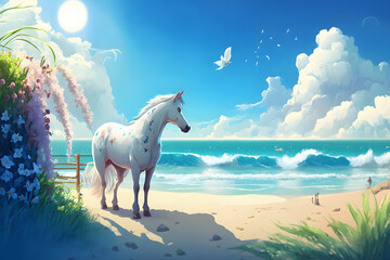 Horse On The Beach blue Ocean And Cloud Sky