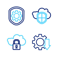 Set line Cost reduction, Cloud computing lock, and shield and Shield with settings gear icon. Vector