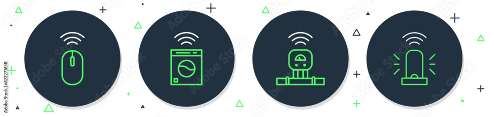 Poster set line smart washer, sensor, wireless mouse and flasher siren icon. vector