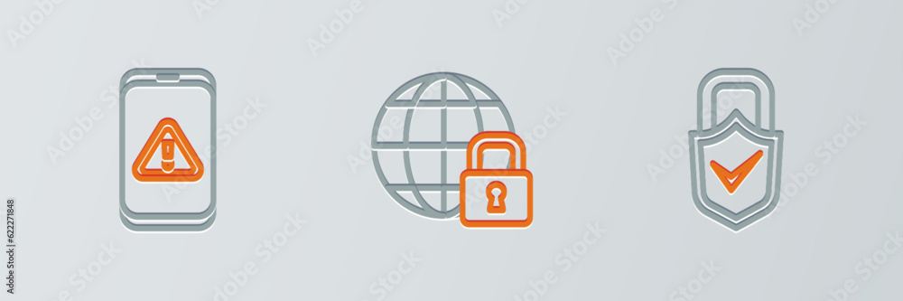 Poster set line lock and check mark, mobile with exclamation and global lockdown icon. vector