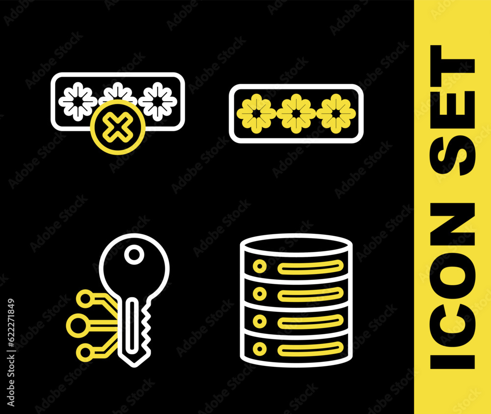 Poster set line password protection, server, data, web hosting, cryptocurrency key and icon. vector