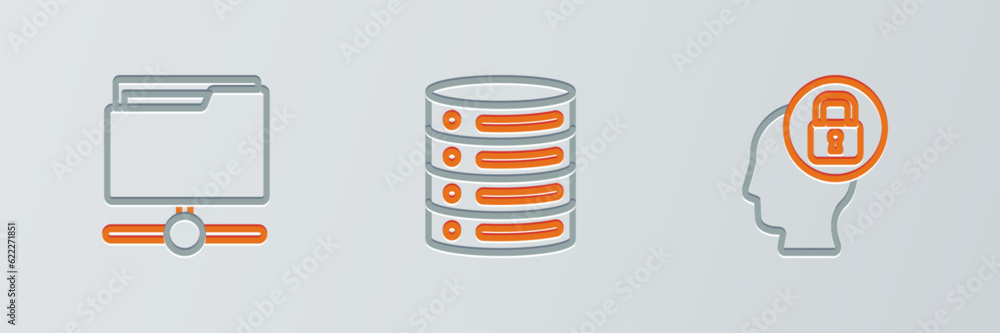 Poster set line human head with lock, ftp folder and server, data, web hosting icon. vector