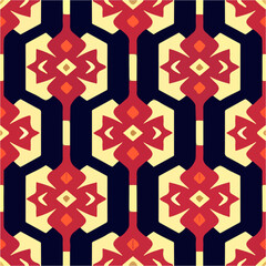 Bold and vibrant fabric pattern in red and yellow, set against a black backdrop. This repeating art deco design exudes energy and flair, making it a perfect choice for various artistic projects.