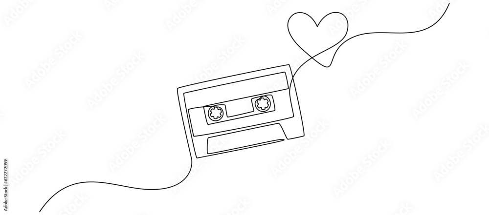 Aufkleber one continuous line drawing of audio cassette tape with heart. retro and vintage music and love song