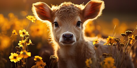 AI Generated. AI Generative. Beautiful young tittle calf on sunflower field at sunset. Nature landscape farm cow animal vibe. Graphic Art
