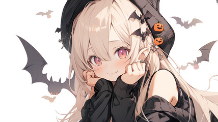 Little cute anime cartoon witch character looking forward to Halloween. White background. Created with Generative AI.