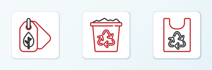 Set line Plastic bag with recycle, Tag leaf and Recycle bin icon. Vector