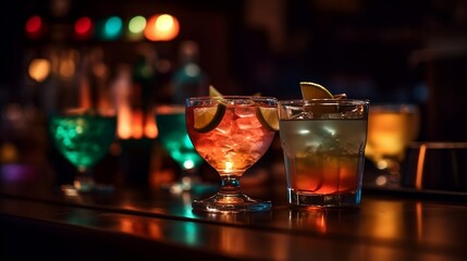 Tropical cocktails on a bar on a boke bright background. Generative AI