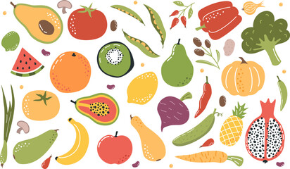 Large vector set of fruits and vegetables. Food products on white background . Vector illustration