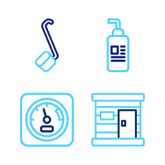 Set line Sauna wooden bathhouse, thermometer, Cream or lotion cosmetic tube and ladle icon. Vector