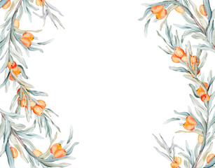 Naklejka premium Sea buckthorn frame. Watercolor illustration. On a white background. For cosmetology, pharmaceuticals, food industry. Decorative element for greeting card. Nature clipart for decoration, desig