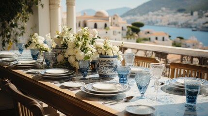 wedding table setting in blue and white on the terrace with a beautiful view of Santorini Greece