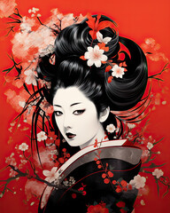 Paint artwork of beautiful young japanese women in traditional style wearing kimono. Colorful image with flowers and aspects of japan culture.
