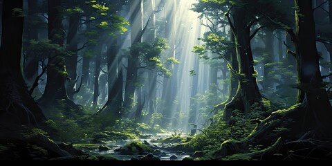 AI Generated. AI Generative. Mist fog magic dark forest. WIth sun ray going through trees. Adventure explore spooky scary mood. Graphic Art