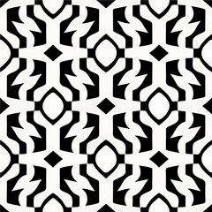 Intriguing black and white abstract design combines art deco elements with geometric pattern ornaments. The result is a captivating pattern that evokes a sense of modernity and sophistication.