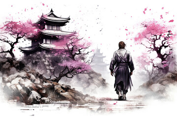 Samurai is returning home. Old traditional japanese house with sakura trees. Old warrior going home to his family, reunited story. 