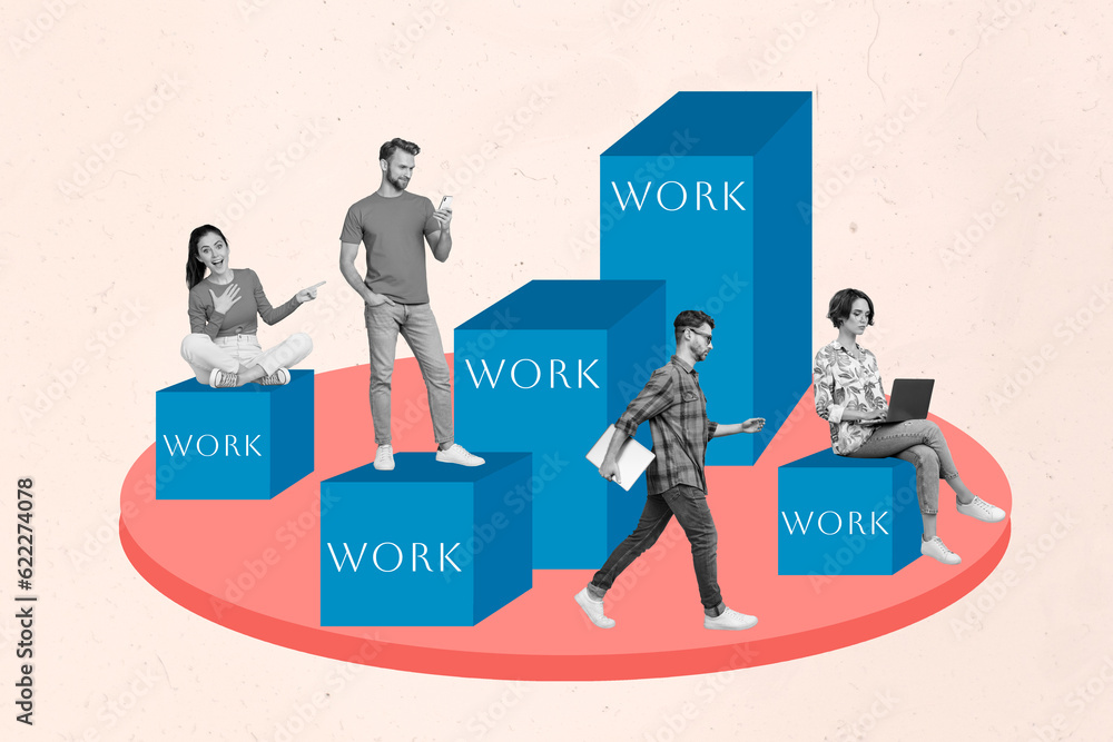 Aufkleber abstract template graphics collage of busy people working together creating start up isolated pastel