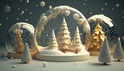 Christmas trees, baubles and gift boxes inside snow dome. 3d renderrender Ai generated image