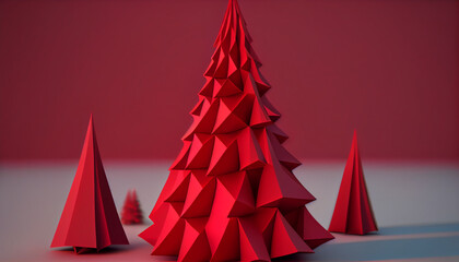 Lowpoly Christmas tree on red background. 3d render Ai generated image
