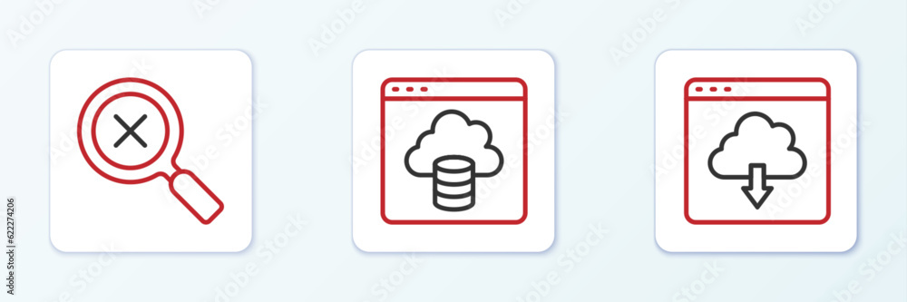Poster set line cloud download, magnifying glass and delete and technology data transfer icon. vector