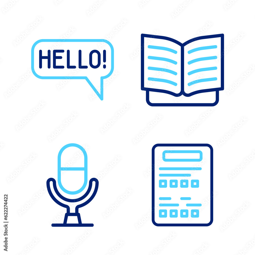 Poster set line exam sheet, microphone voice device, open book and hello in different languages icon. vecto