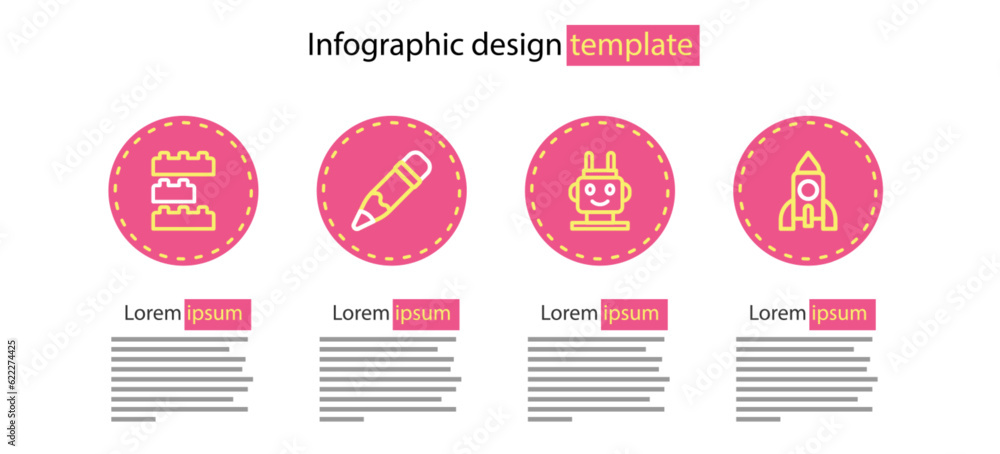Poster set line robot toy, rocket ship, pencil with eraser and toy building block bricks icon. vector