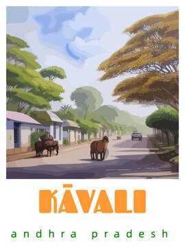 Kāvali: Retro tourism poster with an Indian landscape and the headline Kāvali / Andhra Pradesh