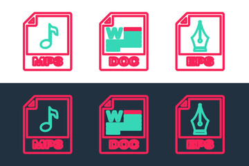 Set line EPS file document, MP3 and DOC icon. Vector