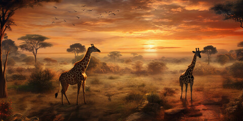 Giraffes in the African savannah. Generative AI