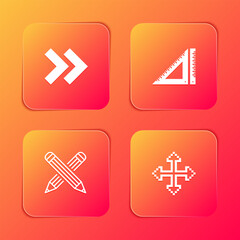 Set Arrow, Triangular ruler, Crossed pencil and Pixel arrows in four directions icon. Vector