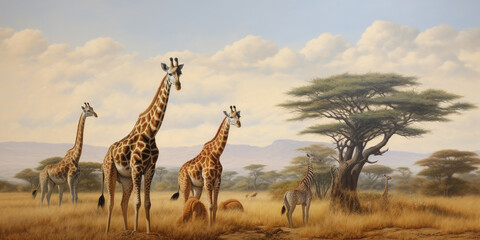 Giraffes in the African savannah. Generative AI