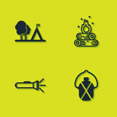 Set Tourist tent with flag, Canteen water bottle, Flashlight and Campfire icon. Vector