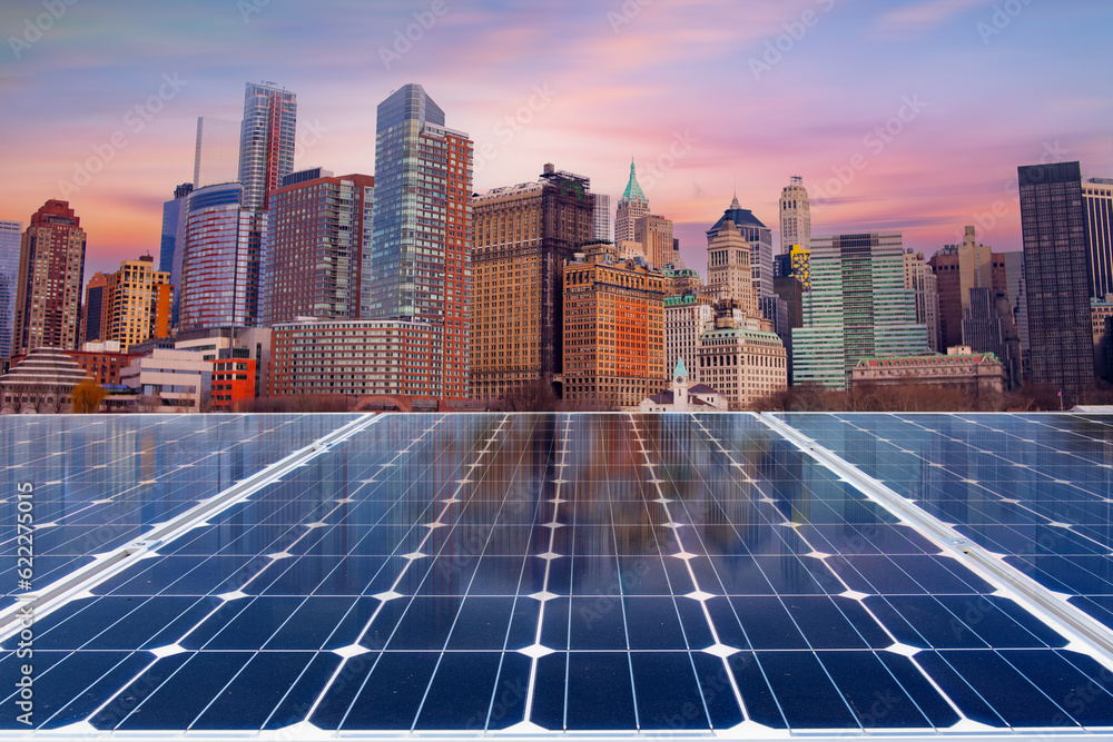 Wall mural Solar panel over cityscapes, solar power green energy for life concept,