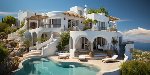 Fototapeta premium AI Generated. AI Generative. Beautiful luxury style whote house hotel mansion with swimming pool. Vacation adventure vibe. Graphic Art