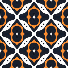Seamless repeating fabric pattern with an orange and black geometric design, set against an orange background.