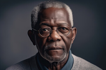 Obraz premium Portrait of a dark-skinned pensioner looking sadly into the camera against the background of a bright room. AI Generated