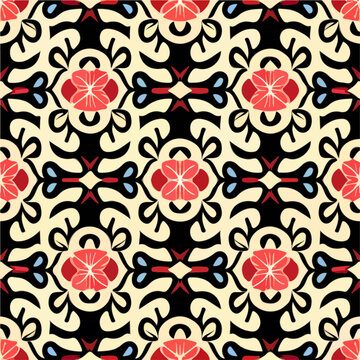 Vibrant pattern merging black, red, and white tones into graceful swirls. Resembling the intricate paisley motifs, this design carries a touch of opulence akin to the renowned Versace patterns.