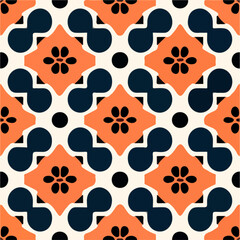 Vibrant orange and black pattern on a white backdrop, forming a seamless and colorful geometric design, perfect for fabrics and textiles.