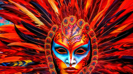 dancers at the carnival in red feather masks, made with Generative AI