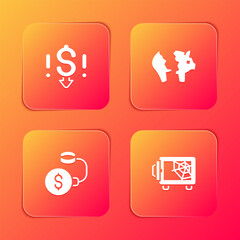 Set Dollar rate decrease, Broken piggy bank, Debt ball chained to coin and Safe icon. Vector