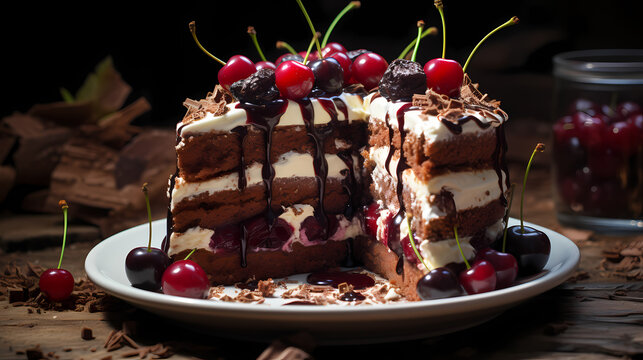 Chocolate cake with cherries and whipped cream. Black Forest cake - AI Generated.