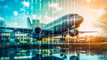 Image double exposition avion, transport, aviation, compagnie - Générative IA