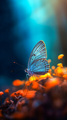 Joli papillon bleu sur des fleurs jaunes - Générative IA