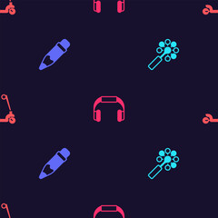 Set Rattle baby toy, Pencil with eraser, Headphones and Roller scooter on seamless pattern. Vector