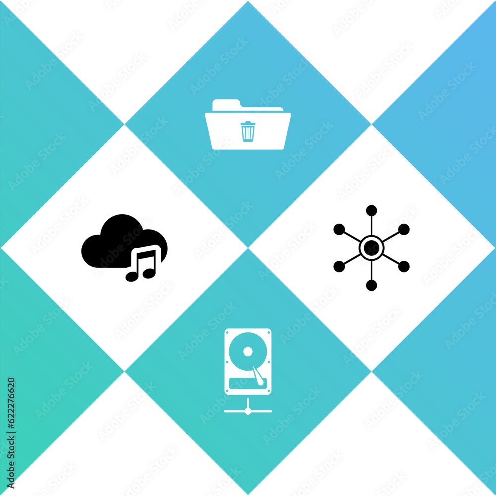 Poster set music streaming service, hard disk drive on sharing network, delete folder and network icon. vec