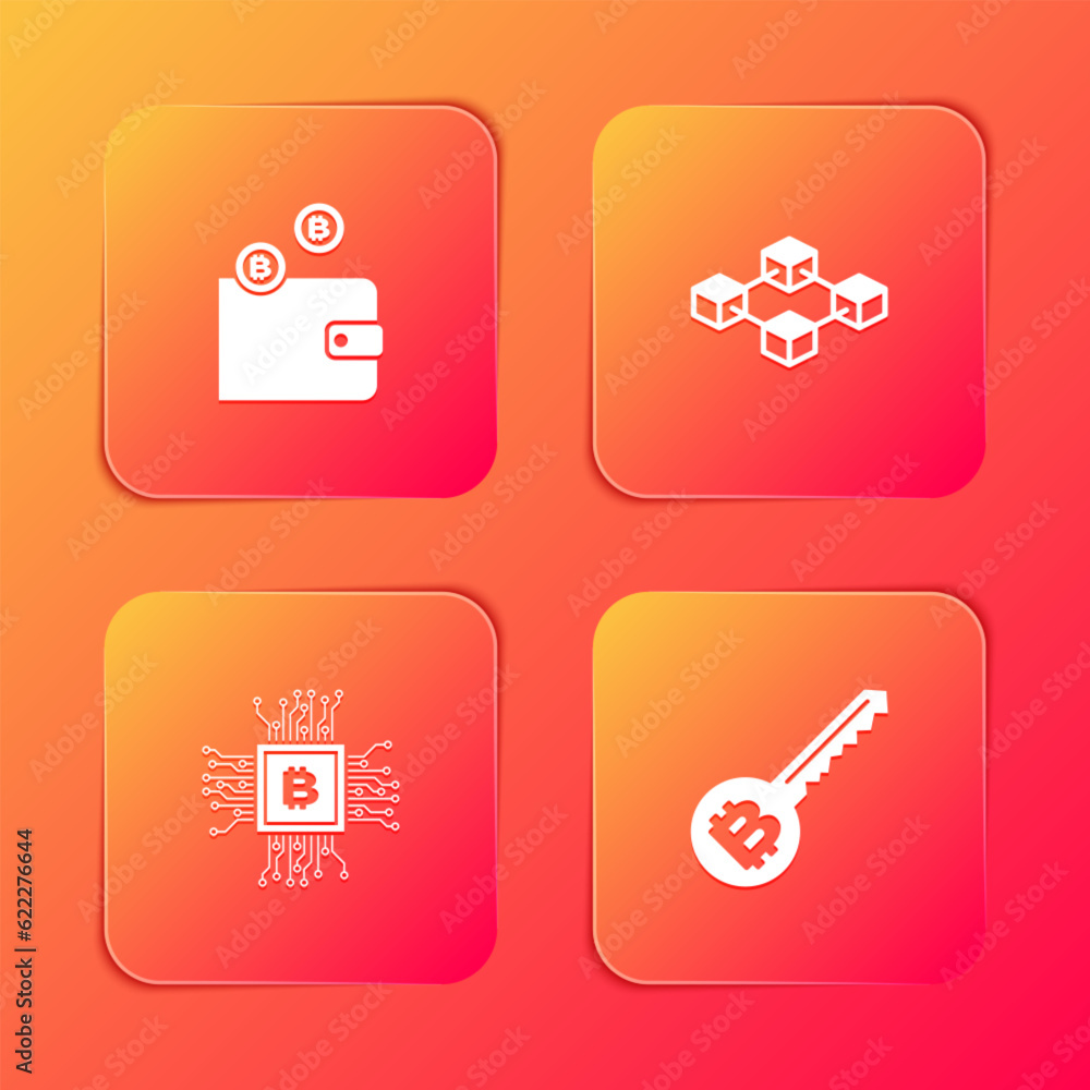 Poster set cryptocurrency wallet, blockchain technology, cpu mining farm and key icon. vector