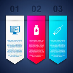 Set Clinical record on monitor, Medical vial, ampoule and Syringe. Business infographic template. Vector